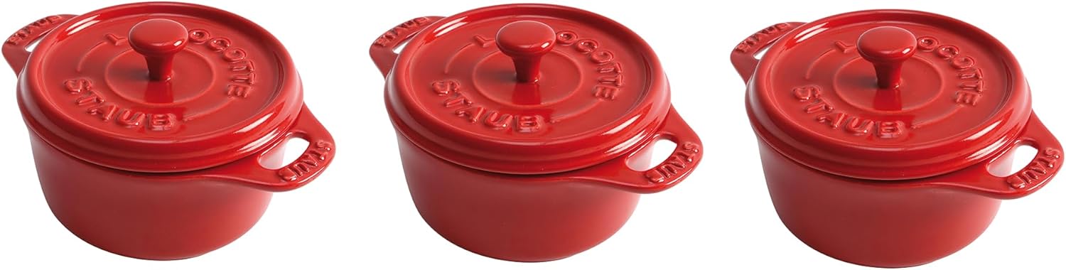 STAUB Ceramics Dutch Oven 3-piece Mini Round Cocotte, Cherry Thumbnail