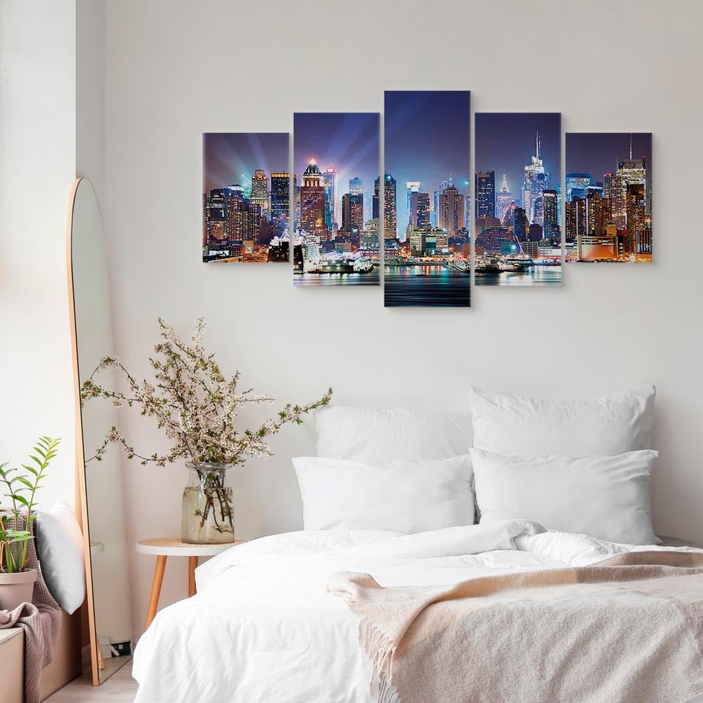 B&D XXL - Tableau Décoration 200x100 cm 5 Parties - Impression sur Toile Cadre en Bois Salon Chambre Déco Murale Tableaux Maison Bureau Cuisine - Ville New York Nuit 9020099