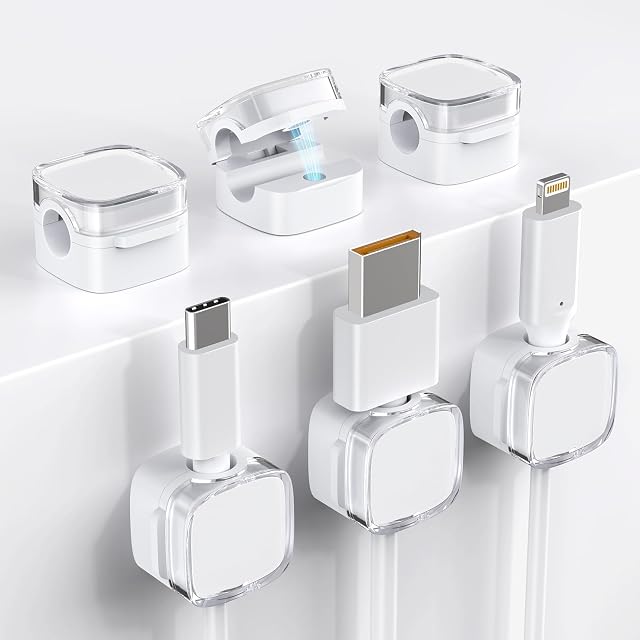 Organisateur de cordons, 6 Pack Magnetic Cable Clips Under Desk Cable Management, Strong Adhesive Cord Holder for Nightstand Kitchen Appliances Car Wall Bureau Téléphone Garde-fils, Blanc cristal