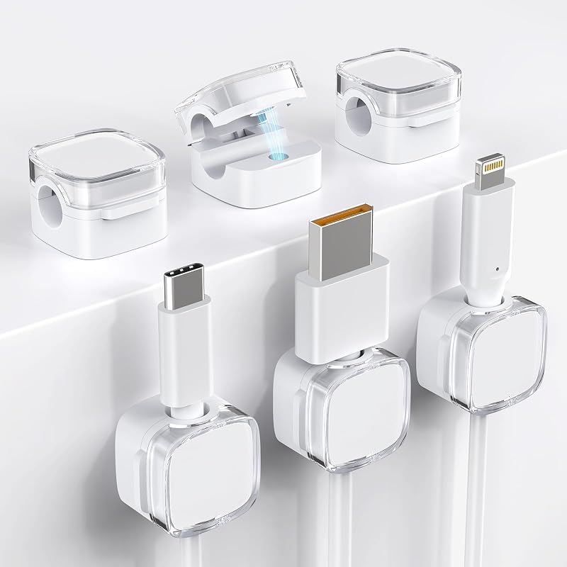 Soporte para cable, paquete de 6 clips magnéticos para cable, soporte adhesivo fuerte para mesita de noche, organizador de escritorio, electrodomésticos de cocina, pared del auto, oficina, teléfono, soporte para cables, blanco transparente