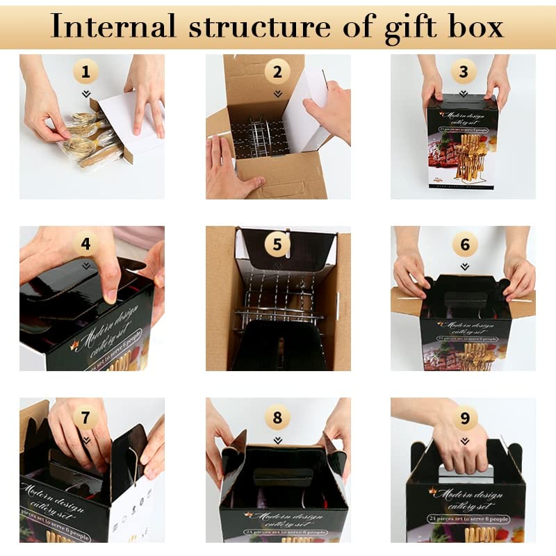Juego de Cubiertos de Acero Inoxidable, 24 Piezas, Caja de Regalo, Mango de Color de Lujo, Tenedor, Cuchara y Cuchillo. Apto para lavavajillas (Rojo Dorado).