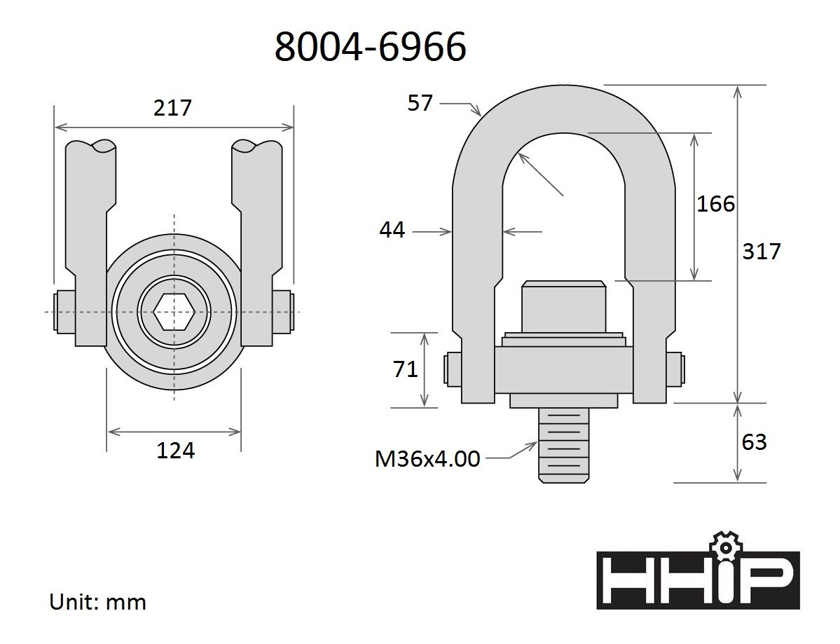 HHIP 8004-6966 Palan de sécurité en acier allié avec barre en U - Capacité de charge de 5 kg - Filetage M36 x 4 mm