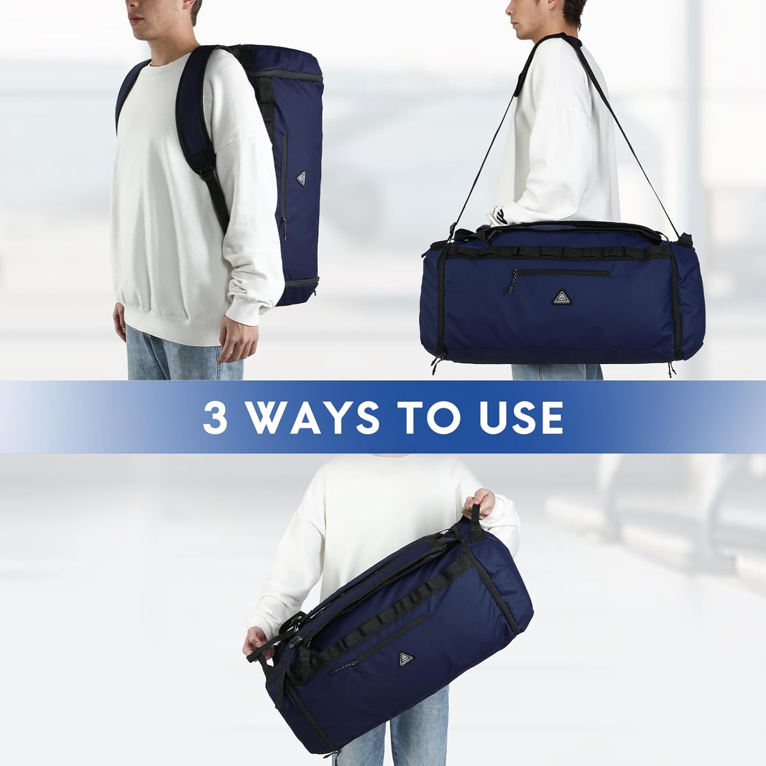 Haimont Duffel Backpack Bag 50L Water Repellent Sports Gym Bag Foldable Men Women with Shoe Compartment for Travel Hiking Camping Outdoor, Navy Blue