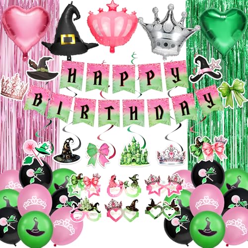 Witch Birthday Party Decorations Pink and Green Witch Theme Girls Happy Birthday Decorations include Banner Balloons Witch Paper Glasses Foil Curtains Swirl Decors and Witches Crown Balloons