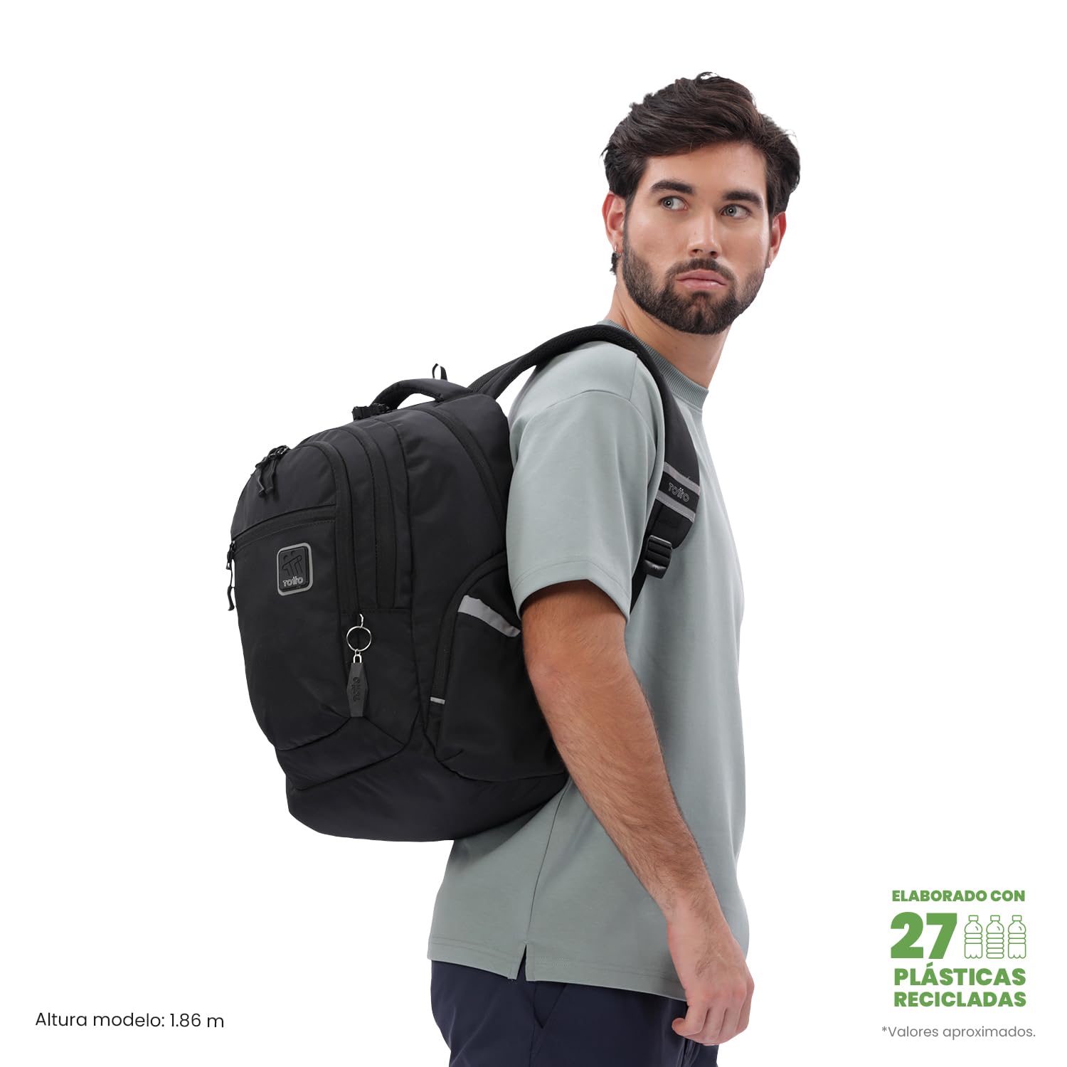 TOTTO - Mochila para Ordenador Portátil 13 Pulgadas, Modelo Eufrates 2.0, Compartimento Tablet 10", Cremallera con Argollas para Candado, Bolsillos Botella, Espaldar Ergonómico, Color Negro