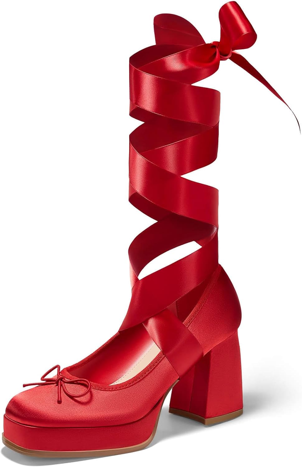 Coutgo Womens Lace Up Heels Platform Chunky High Heel Pumps Bow Closed Square Toe Party Ballet Dress Shoes