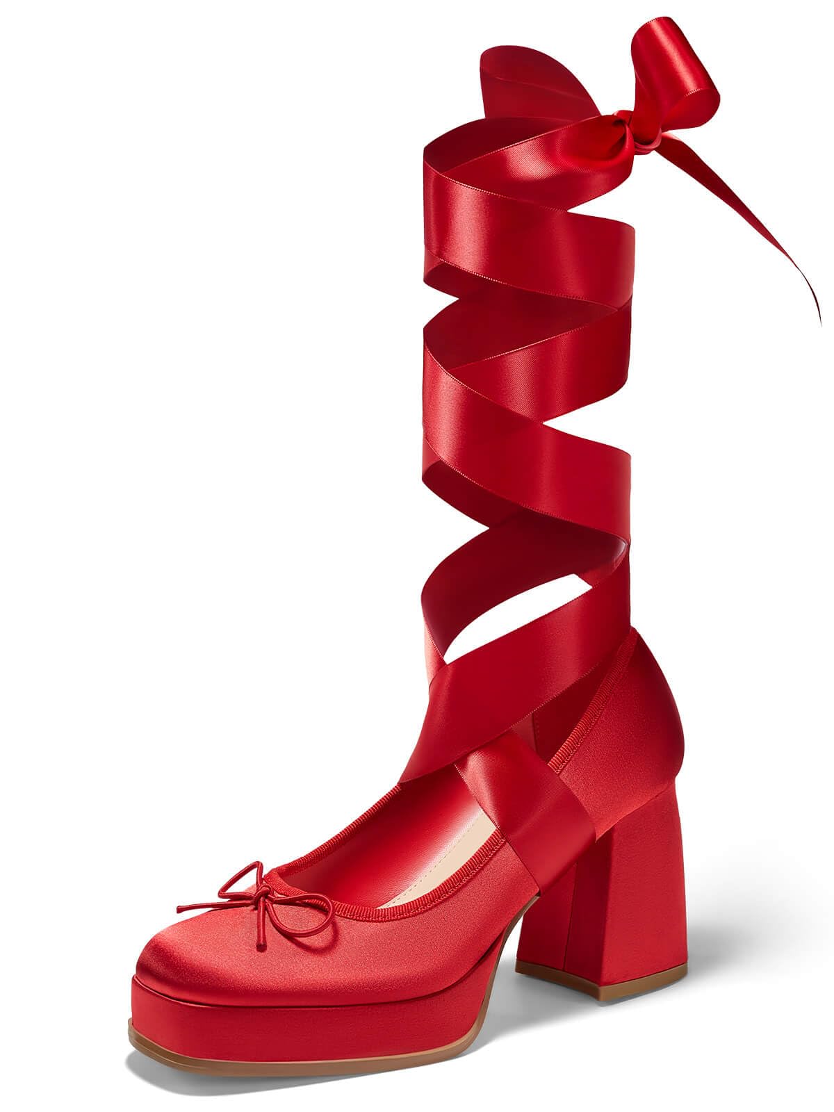 Coutgo Womens Lace Up Heels Platform Chunky High Heel Pumps Bow Closed Square Toe Party Ballet Dress Shoes