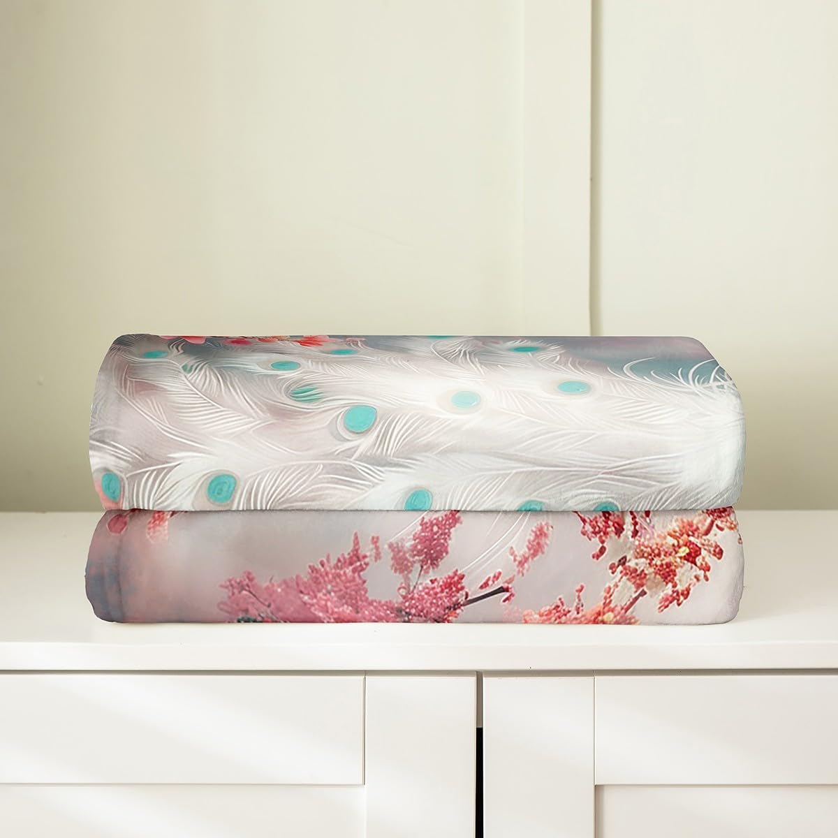 Castle Fairy White Peacock Throw Blanket Twin 60x80 Watercolor Teal Peacock Feather Wings Bed Blanket for Kids Teens Adults Pink Flowers Tie Dye Sky Dreamy Flannel Blanket for Housewarming Couch