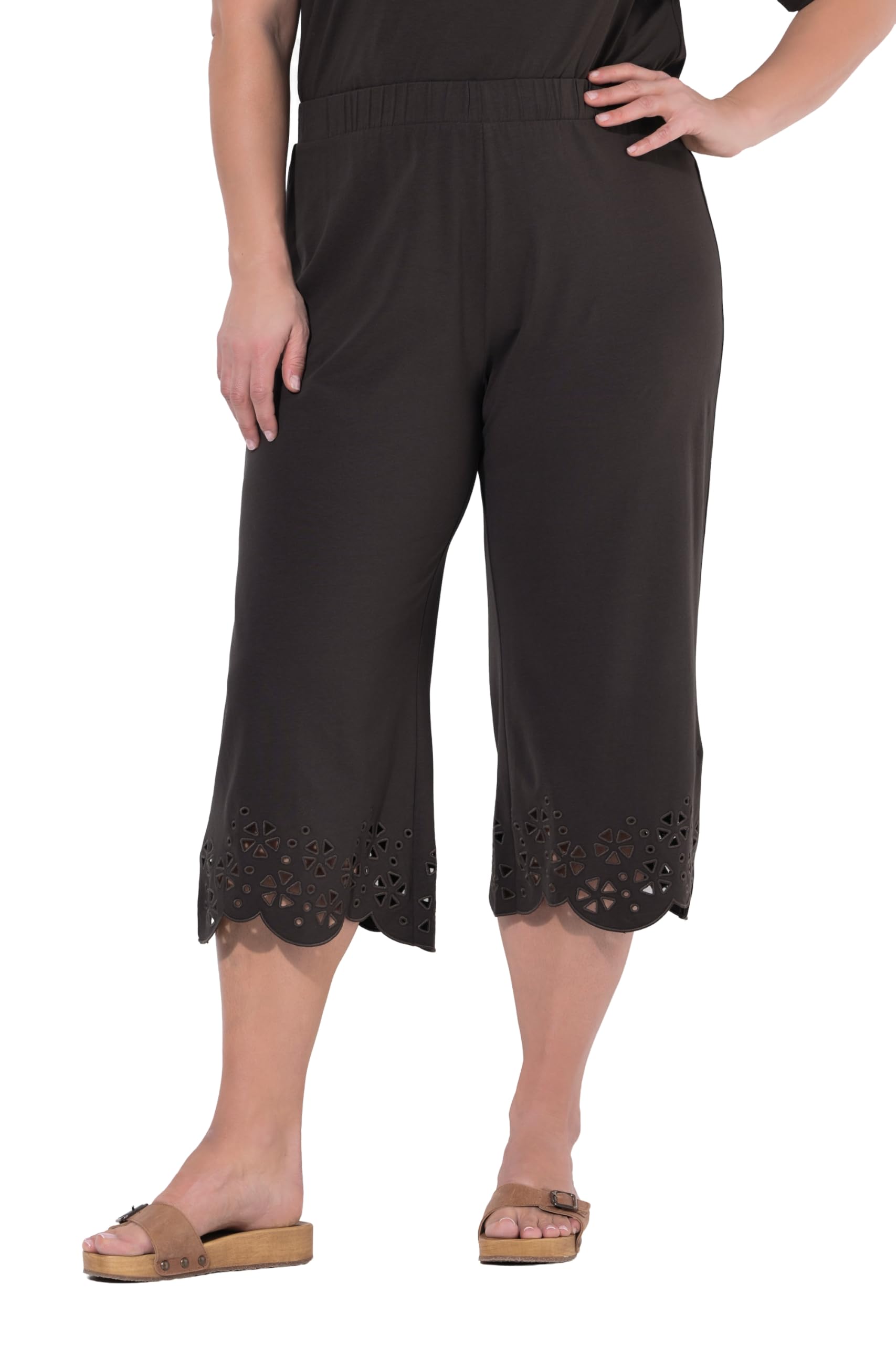 Ulla Popken Damen große Größen Übergrößen Plus Size Caprihose, Stickspitze, ausgestellter Saum, Biobaumwolle 840506
