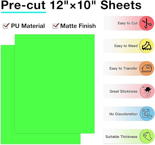 Miniatura 2 de Paquete de vinilo de transferencia de calor HTV verde neón paquete de 13 vinilos para planchar de 12 x 10 pulgadas para camisetas, vinilo de