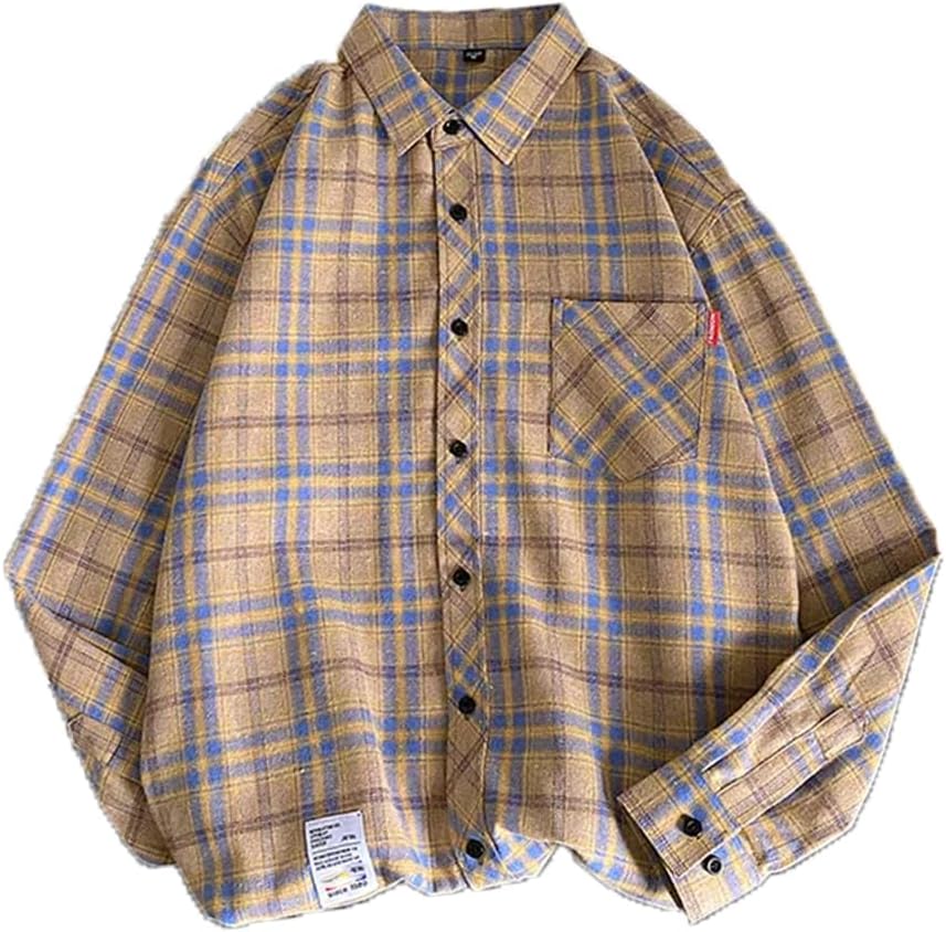 Men Shirt Plaid Flannel Long Sleeve Oversized Hop Street Mens Casual Male Soft Dress Slim Pocket