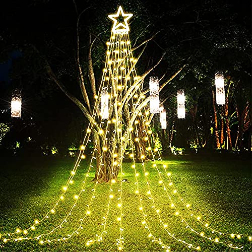 (Upgraded)OKURA Christmas Decoration Outdoor Star String Lights, 320 LED Christmas Tree Topper Lights with 14" Lighted Star for Halloween Christmas New Year Holiday Garden Yard (Warm White)