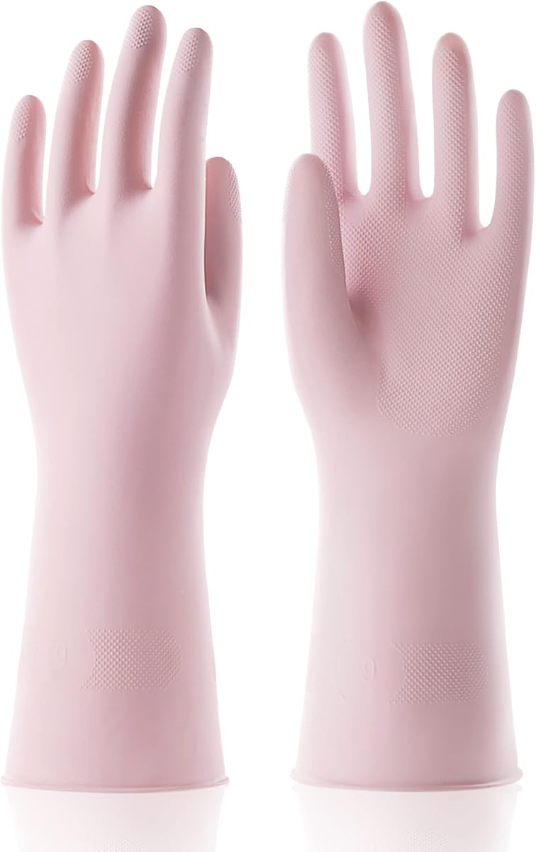 Medium Household Rubber Gloves with Cotton Liner & Non-slip Grip, Waterproof Long Lasting Dishwashing Gloves for Kitchen & Bathroom Cleaning, Light Pink, 1 Pair