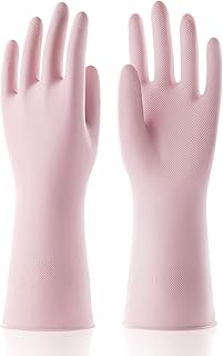 COOLJOB Medium Household Rubber Gloves with Cotton Liner & Non-slip Grip, Waterproof Long Lasting Dishwashing Gloves for Kitchen & Bathroom Cleaning, Light Pink, 1 Pair