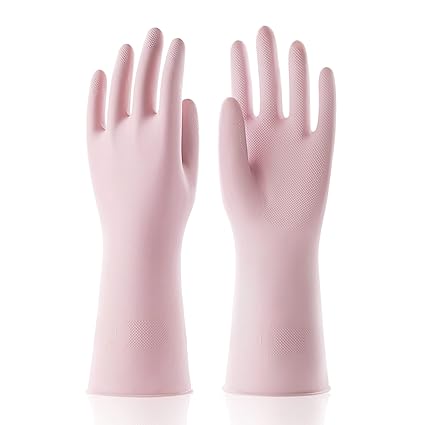 COOLJOB Large Reusable Rubber Dishwashing Cleaning Gloves for Kitchen Bathroom, Non-Slip Grippy Long Dish Washing Gloves with Flocked Cotton Liner, Flexible Durable & Waterproof, Lt Pink, 1 Pair