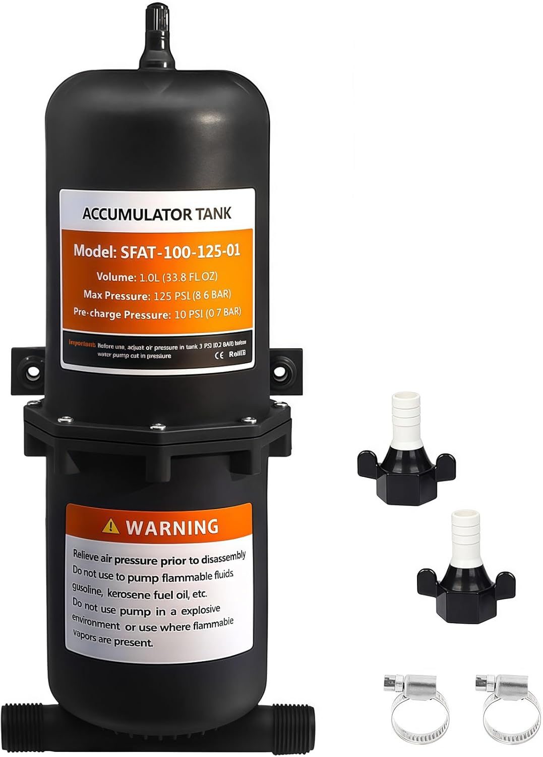 Pre-Pressurized RV Accumulator Tank 1L 125PSI with 1/2 MNPT Port Fitting,Reduced Pump Cycling,Flow Control Inner Bladder,Suitable for RV, Boat, Travel Trailer, Caravan