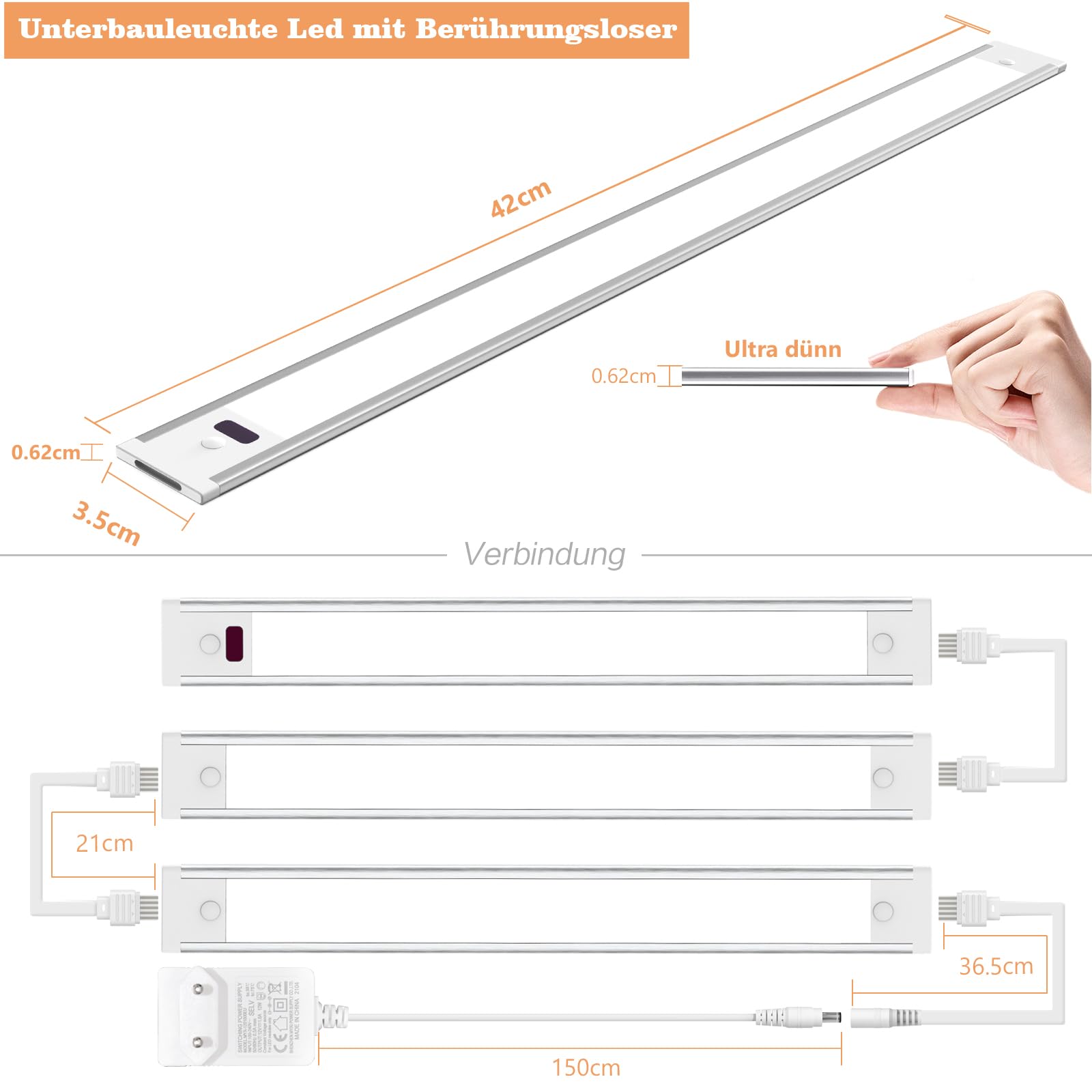 WOBSION LED Unterbauleuchte Küche Dimmbar mit Berührungsloser,Neutralweiß Unterbau Lichtleiste für Unterschrank Beleuchtung,4000k Ultra Dünn Lampe für Küchenschrank und Werkbank,42CM×3PCS,1300LM
