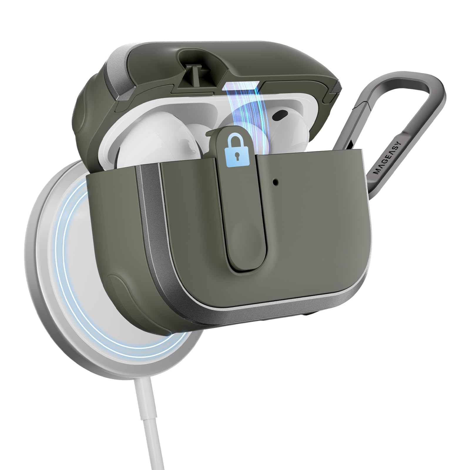 Photo 1 of MAGEASY Odyssey AirPods Pro 3 Case with Lock (2025) Rugged Heavy Duty Protective Cover | Military-Grade Shockproof | MagSafe & Wireless Charging Compatible | Includes Carabiner Clips (Metal Green)