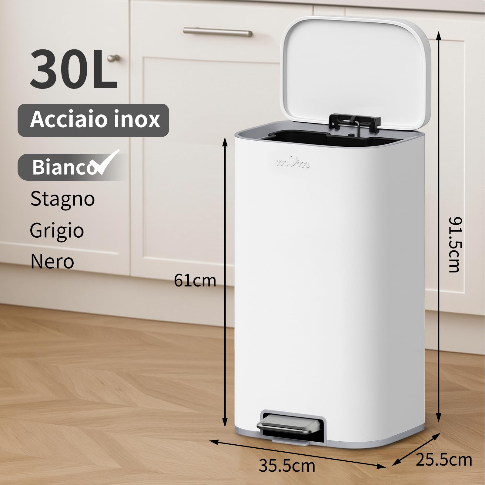 mVm Pattumiera Cucina, Pattumiera 30 litri, Acciaio, Secchio in Plastica Rimovibile, Cestino a Pedale con Coperchio Maniglie Chiusura Morbida, per Cucina, Ufficio, Bianco