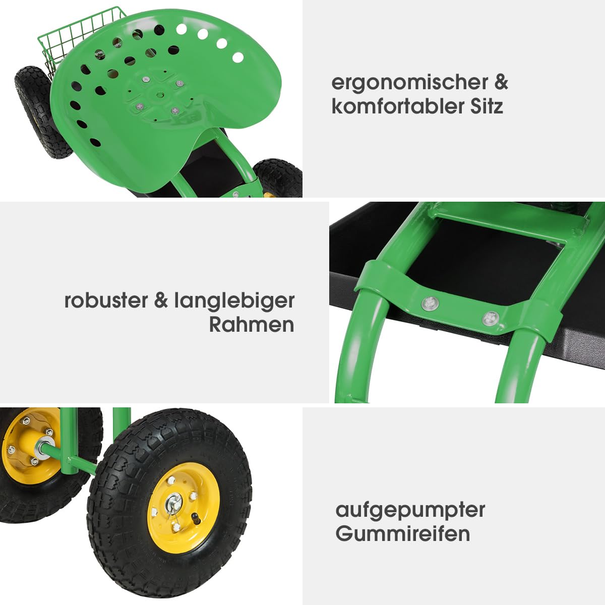 RELAX4LIFE Rollsitz mit Ablage & Korb, Gartensitz mit 4 Rädern, Gartenrollsitz 360 ° Drehbar & Höhenverstellbar 46-53cm, Fahrbarer Arbeitssitz, bis 150kg Belastbar, für Gartenarbeit Autopflege(Grün)