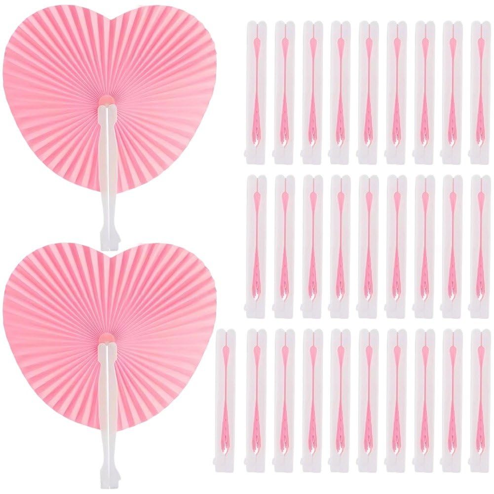 Éventails en papier pliables en forme de cœur avec poignée plastique (Lot de 30)