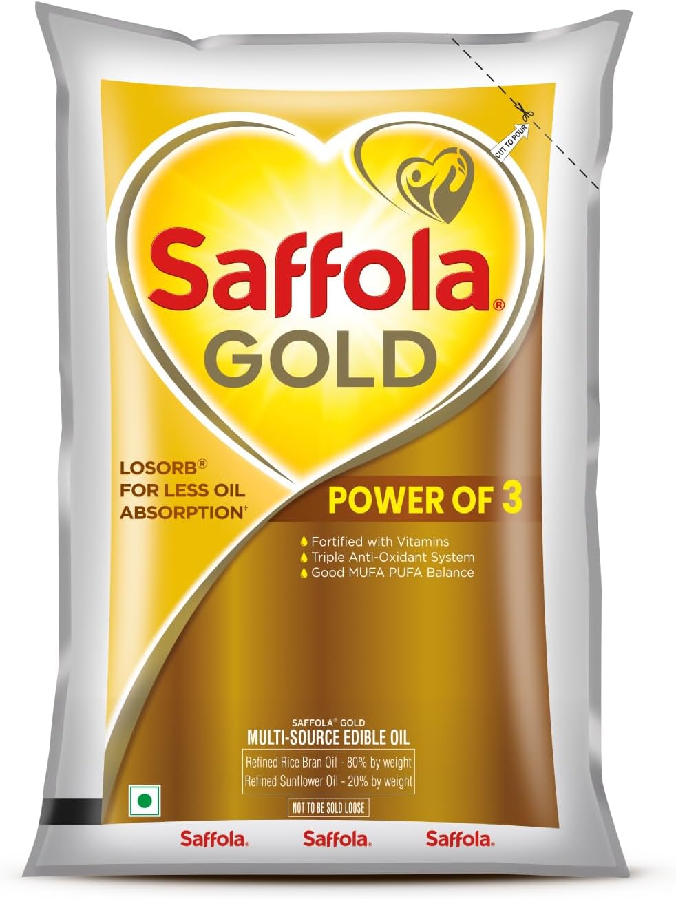 Saffola Gold Refined Cooking oil | Power of 3 - Balance of Good Fats, Triple Anti-Oxidant System & Fortified with Vitamins | Multi-Source Edible Rice Bran & Sunflower Oil | 1 Litre Pouch