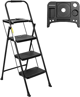 BOCOM 3 Step Ladder, Lightweight Portable Folding Sturdy Steel Step Stool with Tool Platform, Convenient Handgrip, Anti-Slip Wide Pedal, Heavy Duty 500 lbs Capacity, for Home, Kitchen, Adults, Black