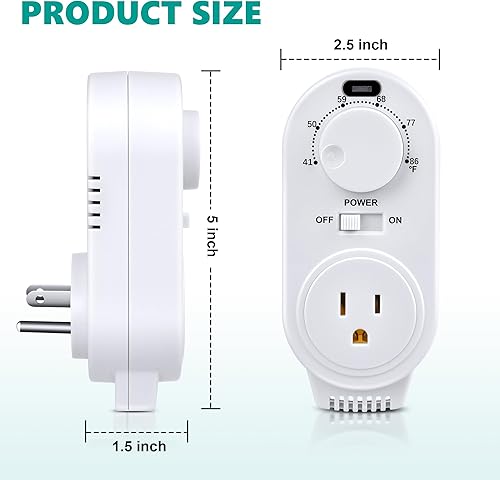 Miniatura 5 de Gulfmew Paquete de 2 termostatos ajustables, termostato de calefacción y refrigeración con toma controlada, compatible con CA portátil, ventiladores