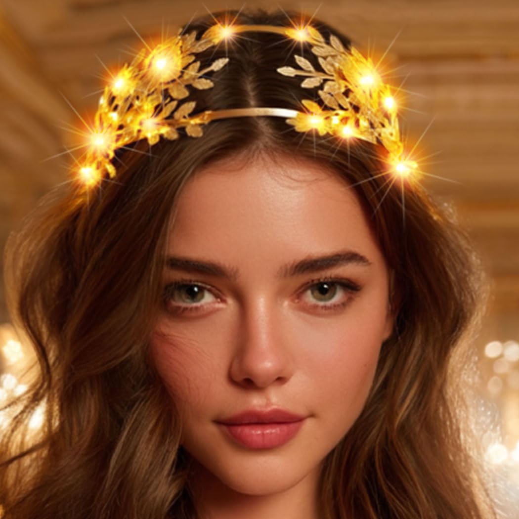 Zoestar Light Up Greek Goddess Headband LED Gold Leaf Crown Headbands Bridal Headpiece Hair Accessories for Women (Gold, One Size) - Image 3