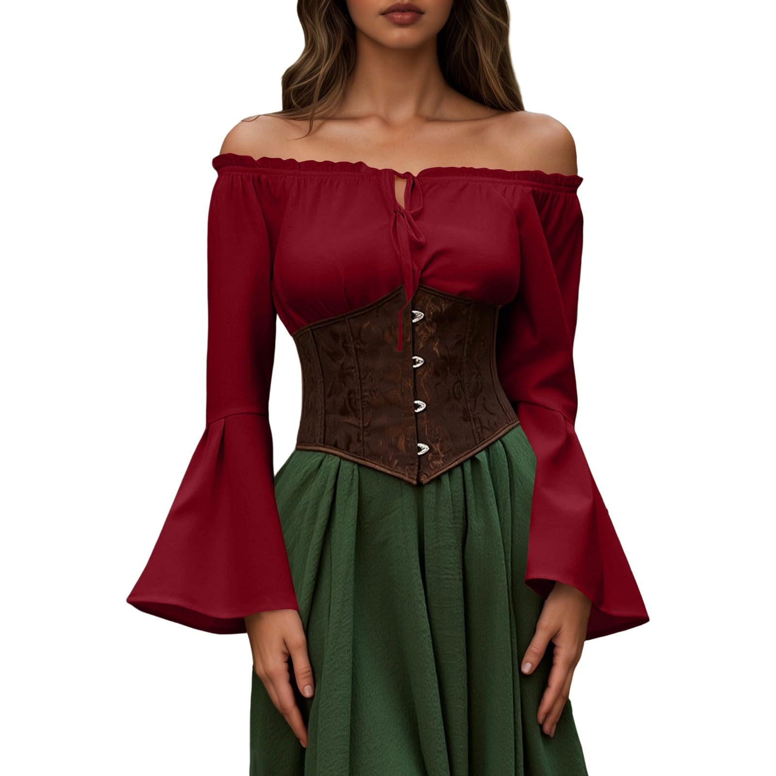 Chemisier en mousseline de soie pour femme, épaules dénudées, style médiéval, haut à manches, couleur pure, chemise bohème fluide pour le quotidien au printemps