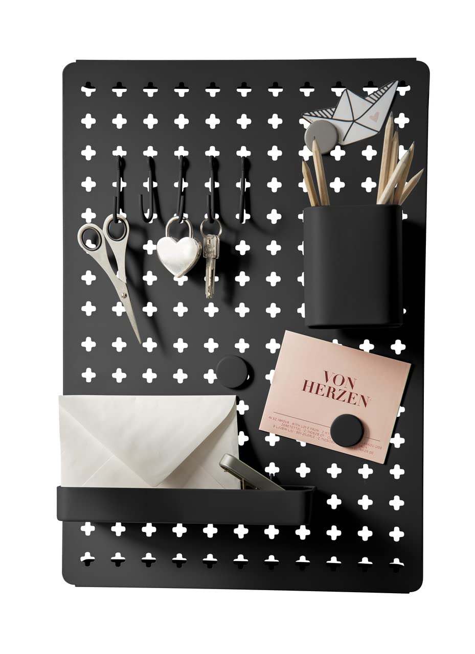 WENKO Memoboard Schreibtisch Organizer Schwarz | Wandorganizer für Küche, Büro, Flur | Lochplatte Metall Set 3 Magneten, 5 Haken, 2 Behälter