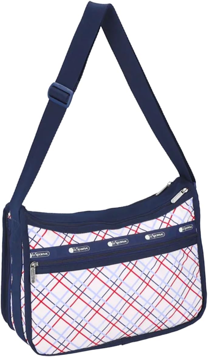 LeSportsac Modern Tattersall Deluxe Everyday Crossbody Bag + Cosmetic Bag, Style 7507/Color E839, Classic Navy & Bold Red Unite on Crisp White Bag, Modern Lilac Accent, Fun Interpretative Tartan Plaid - Image 3