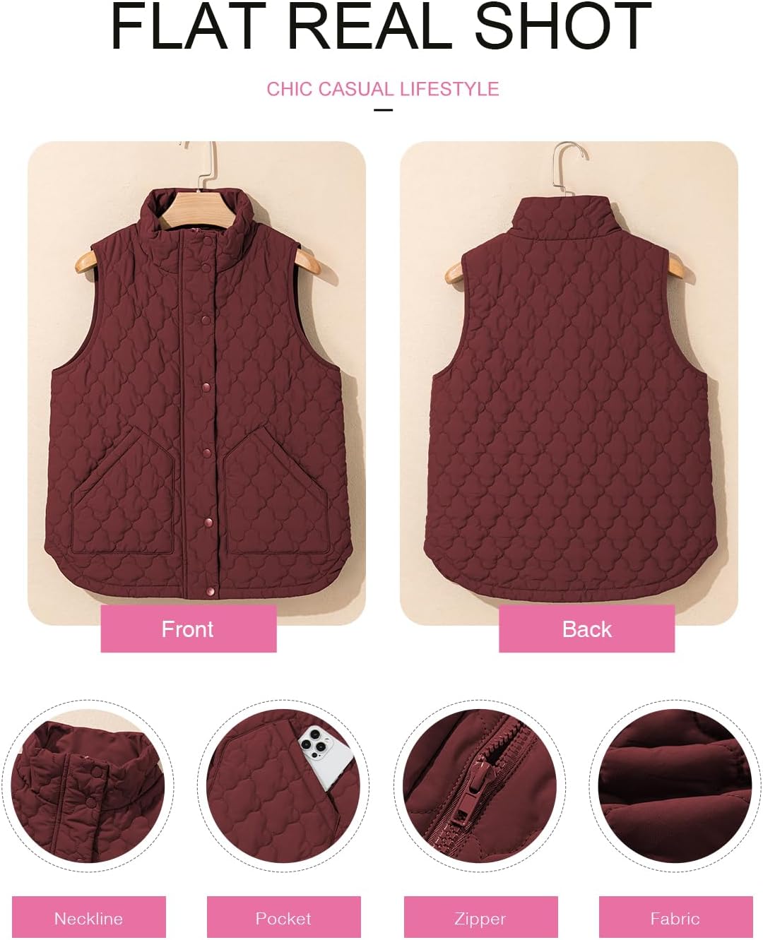 EVALESS Womens Puffer Vest Lightweight Stand Collar Sleeveless Cropped Quilted Jackets Button Fall Zip Up Coat Outerwear - Image 6