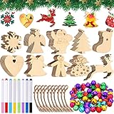 VIPNAJI 80 Stück Holz Deko zum Aufhängen, 10 Arten DIY Basteln Holzanhänger Dekohänger zum Bemalen mit 80 Fäden,80 Glöckchen, Acrylstifte für Weihnachtsschmuck Weihnachtsanhänger Baum Geschenkanhänger