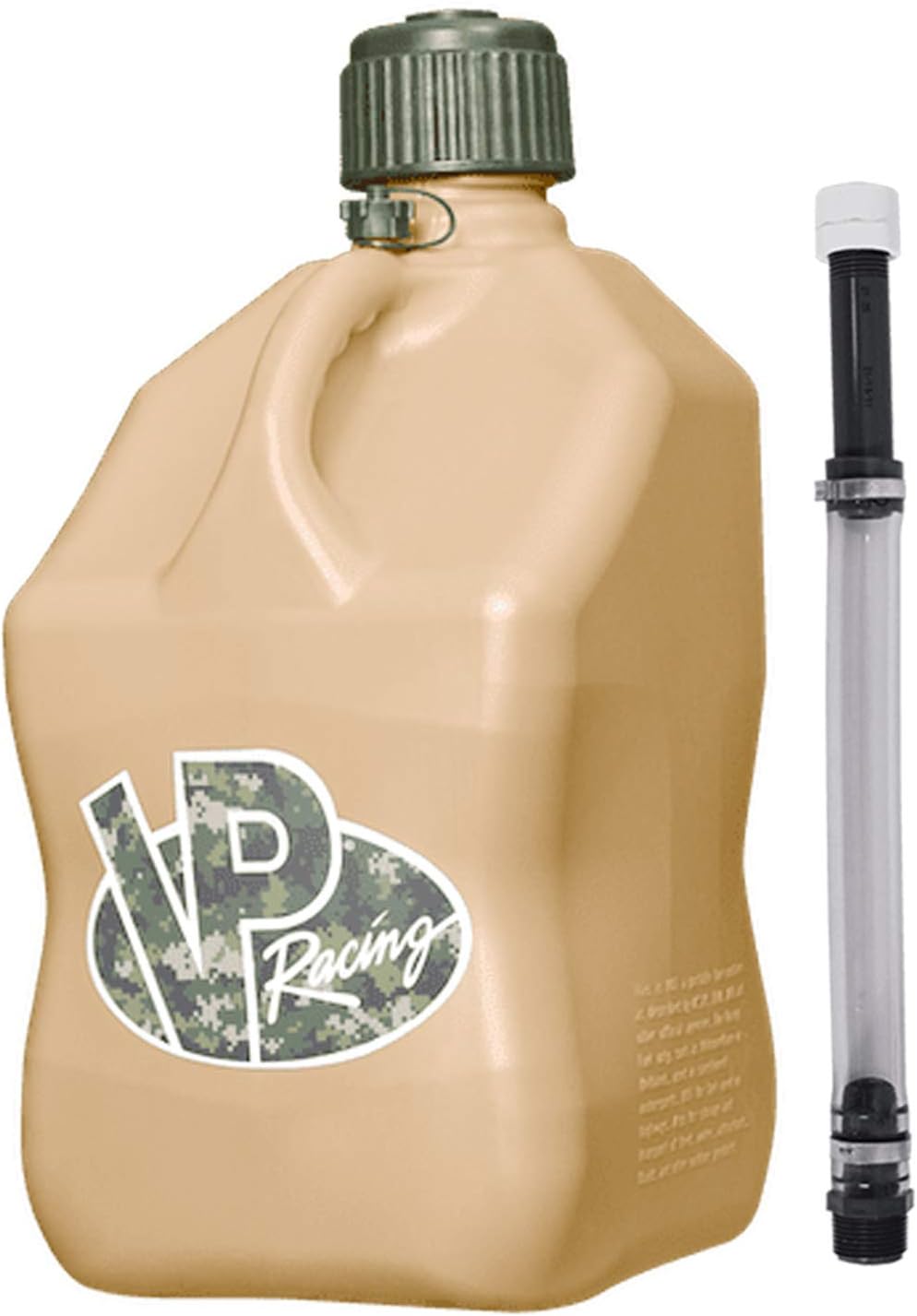 VP Racing 4042-CA, 5.5-Gallon Square Motorsport Jug Tactical Tan w/ 14" Deluxe Hose Close-Trimmed Cap and Neck for Tight Seal (1 Pack)