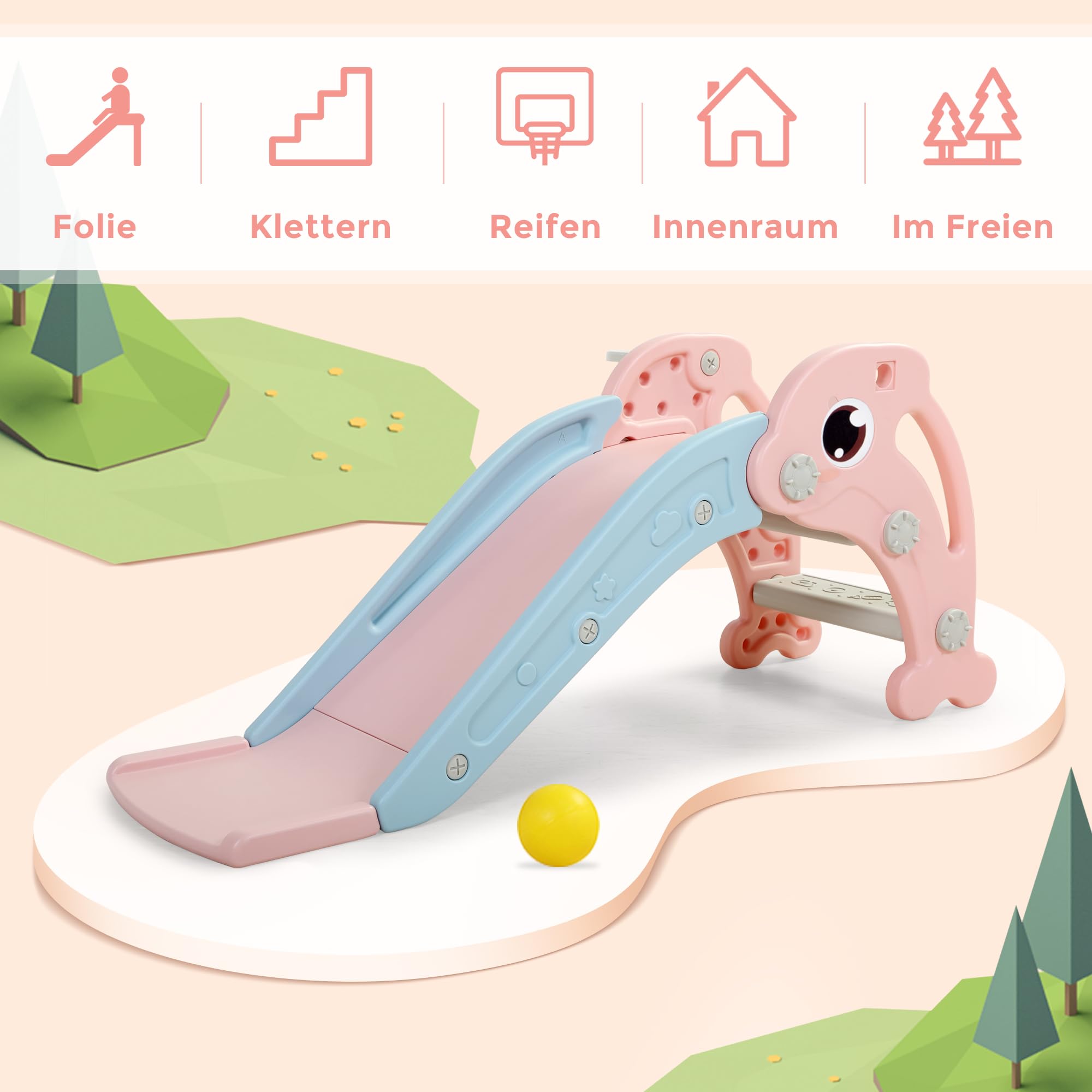 Tobogán 3 en 1 para bebés, juego de deslizamiento y escalada con aro de baloncesto y pelota, parque de juegos interior y exterior para niños