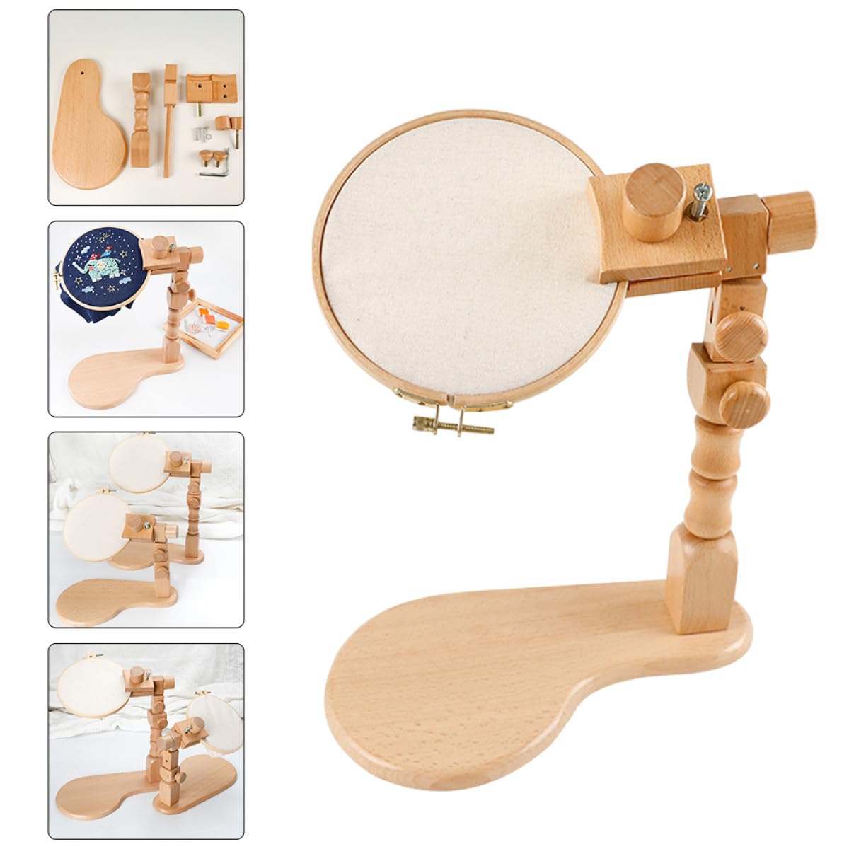 HOMOBABE Soporte de Bordado de Madera de Haya Ajustable y Giratorio, Soporte de Escritorio para Punto de Cruz, Kit de Bordado Aro de 20 Cm, Herramienta Práctica para Manualidades y Costura