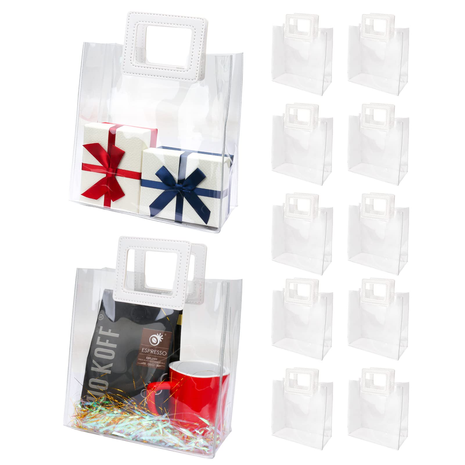 Zwish 10PCS Clear Gift Bags with Handle PVC Tote Bags 8.5 x 8.1 x 4.1Inch Clear Bag Bulk for Party Favor, Wedding, Birthday, Baby Shower, Shopping Bag