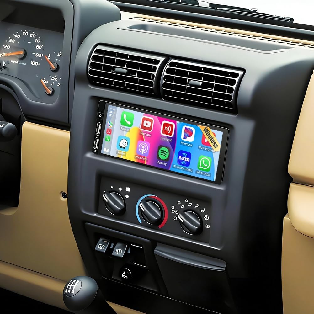 Car Radio Upgrade for Jeep Wrangler TJ 1997-2002 with Wireless CarPlay and Android Auto, 6.86" Touch Screen Android 14 Double Din Car Stereo for Wrangler w/Bluetooth GPS WiFi FM BT SWC Camera, 2+32G