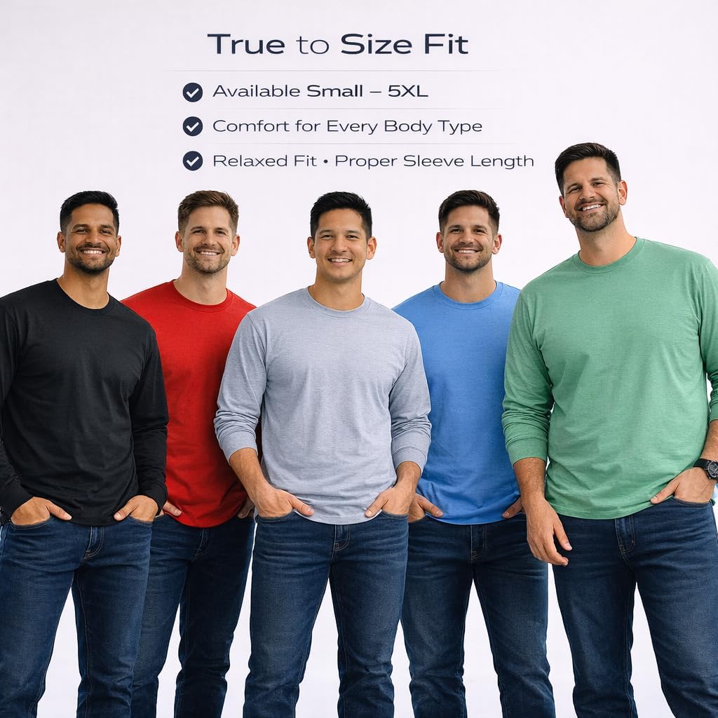 BILLIONHATS Mens Long Sleeve Colorful T-Shirts, 100% Cotton - Crew Neck Bulk Tees for Men, Wholesale Sleeved Tshirt Packs