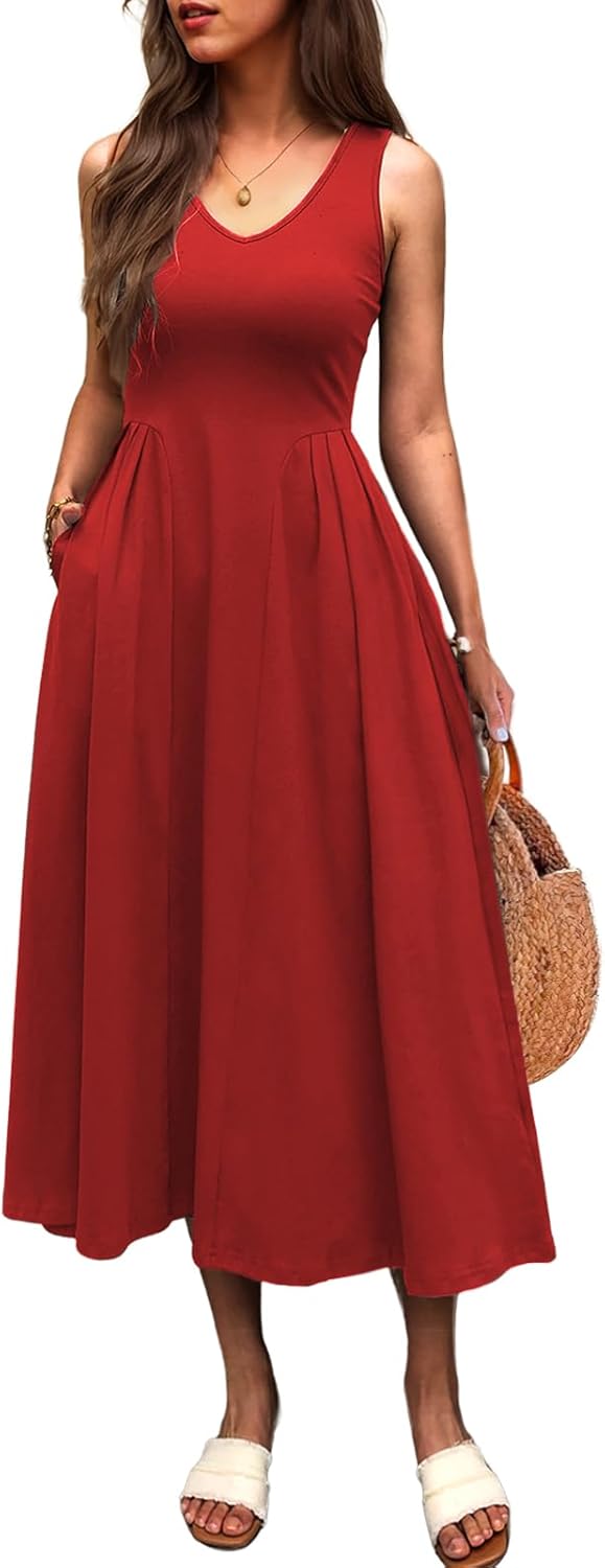 Women Summer Sleeveless Casual Dresses Pleated Waist Elegant Midi A-Line Flowy Swing Dress Sundress with Pockets
