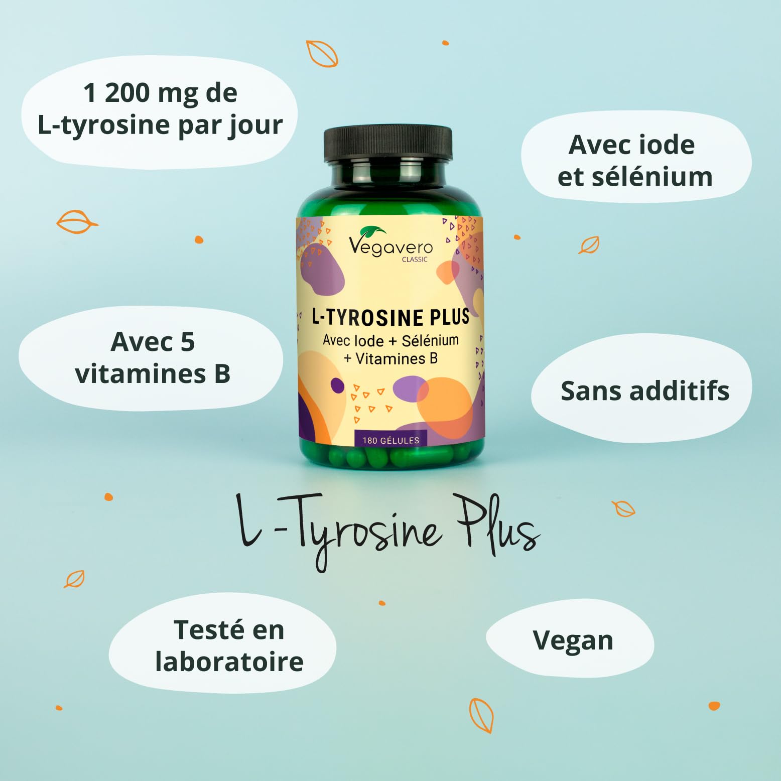 Vegavero L-Tyrosine Plus 1200 mg | THYROIDE* | Avec Iode, Selenium et Vitamine B | Énergie + Fatigue Mentale | 180 Gélules | VEGAN et SANS ADDITIFS