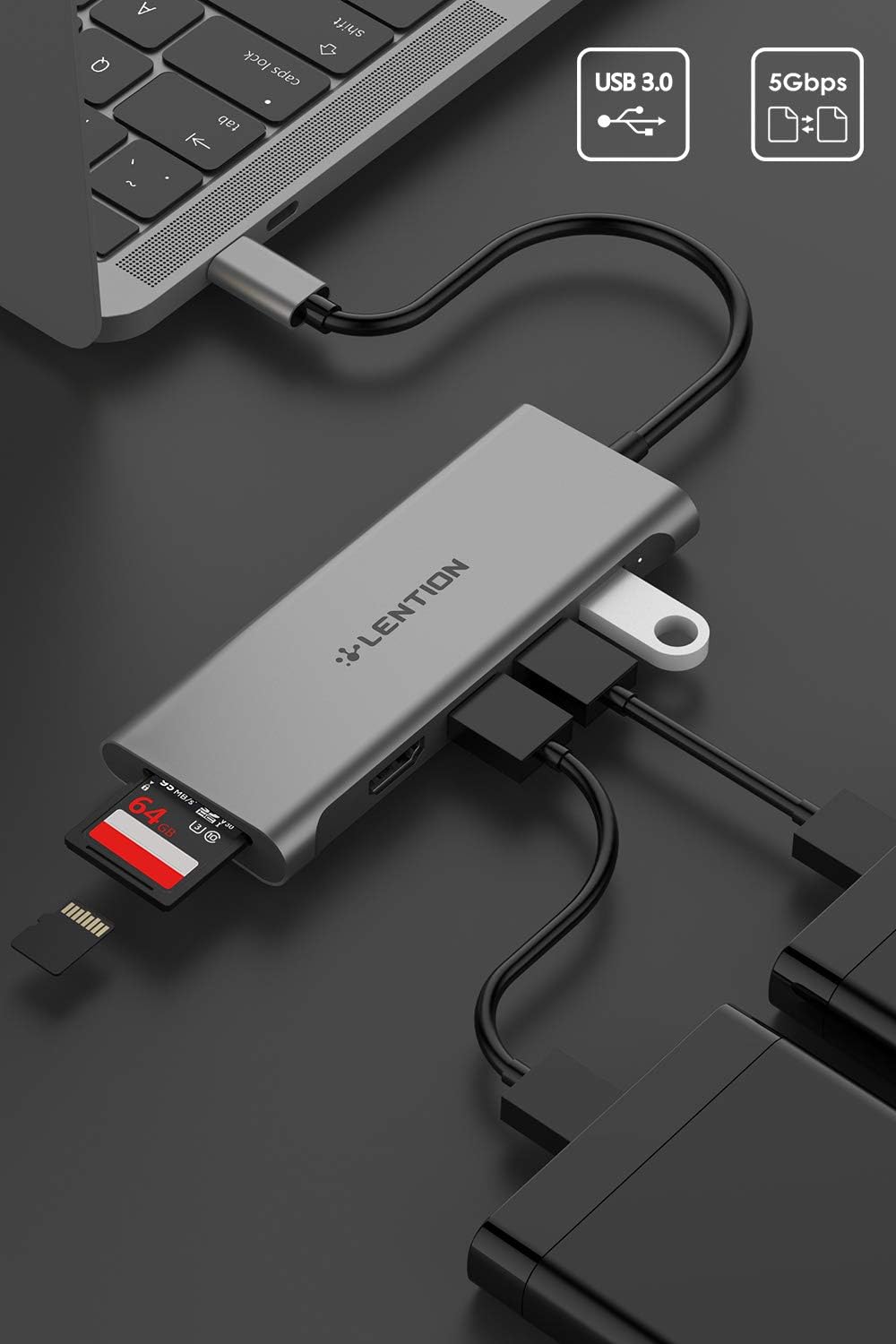 LENTION USB C Hub with 4K HDMI, 3 USB 3.0, SD 3.0 Card Reader Compatible 2020-2016 MacBook Pro 13/15/16, New iPad Pro/Mac Air/Surface, Chromebook, More, Multi-Port Dongle Adapter (CB-C34, Space Gray)