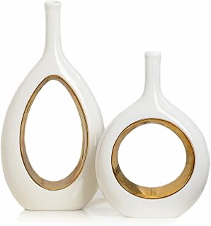 Modern Vases for Décor, Home Decorative Vases for Flowers, White Gold Vase for Shelf Décor, Table Décor, Ceramic Vase for Bookshelf, Fireplace Mantle, Centerpieces, Farmhouse,Rustic Décor,Set of 2
