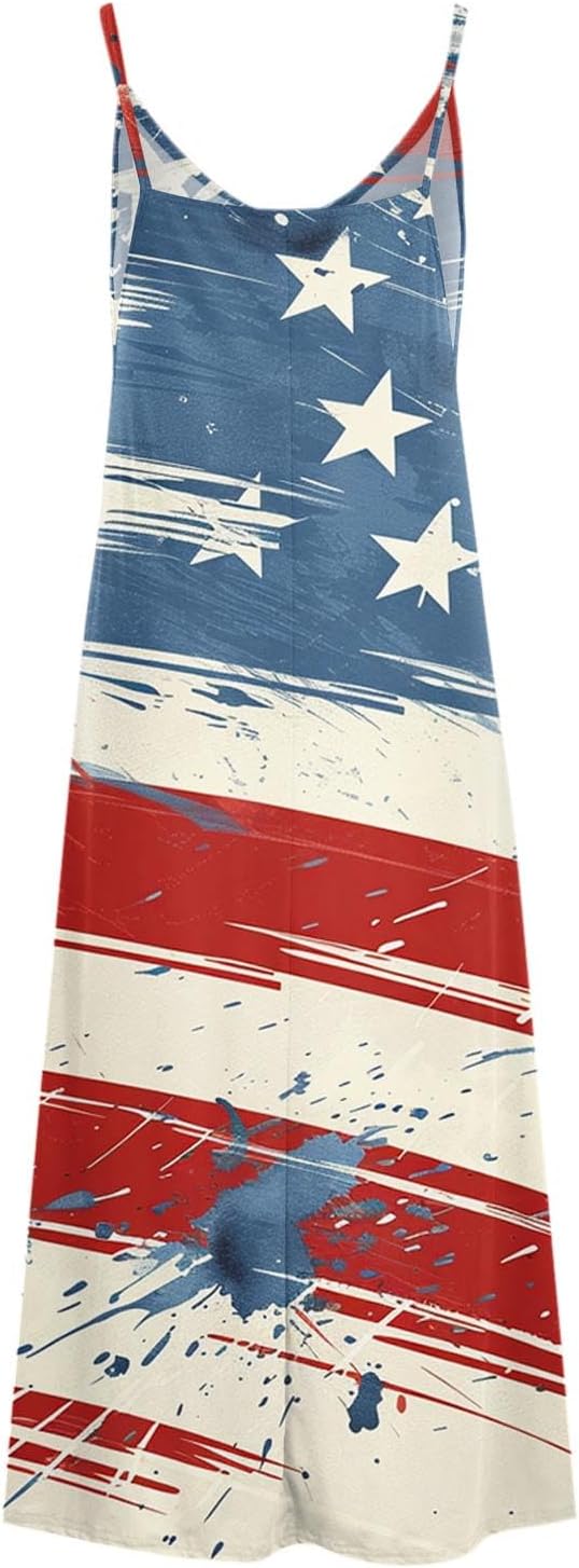 Fashion Abstract Flag Print Dress Women's V-Neck Sleeveless Maxi Dress Stylish Summer Spaghetti Strap Sundress 2025