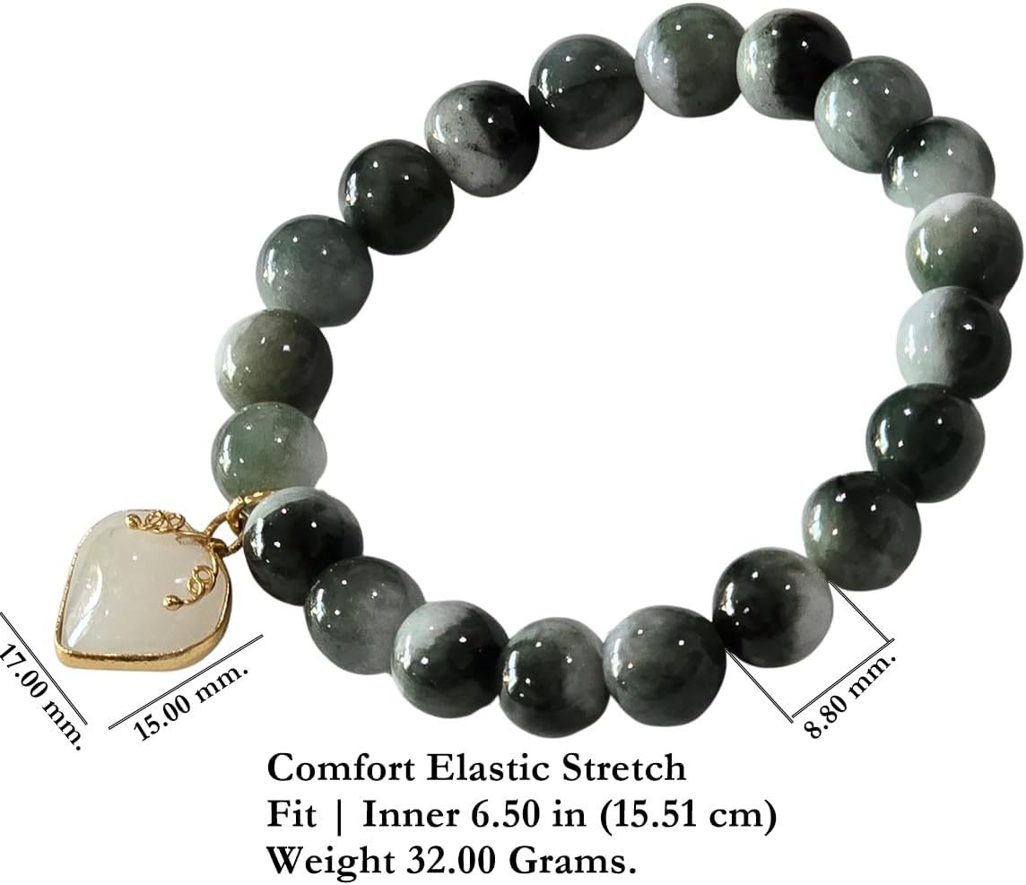 Natural Green Jade Bracelet 8.8mm Real Jade Beads, Feng Shui Lucky Wealth Protection Bracelet, White Heart Charm Stretch Bracelet Gift for Women Men with Red Velvet Pouch