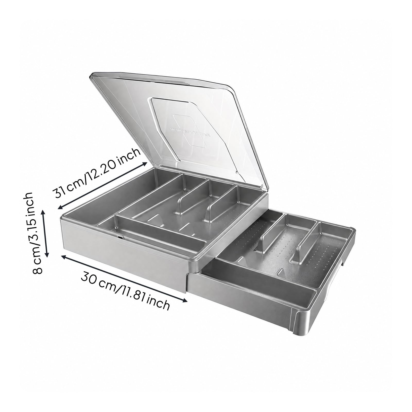 besteckkasten mit Schubladenfach rutschfest besteckbox mit Klappdeckel tragbar besteckkasten Deckel für Essbereich, Grau