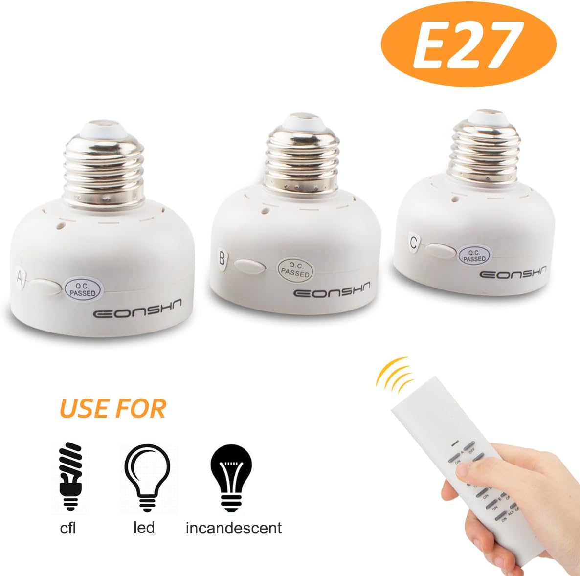 Wireless Remote Control E27 Screw Bulb,Light Socket Lamp Holder with Remote 100 Feet Range for table/ceiling/wall lamps and more other lights by EONSHN (Set of 3 Sockets and 1 remote)