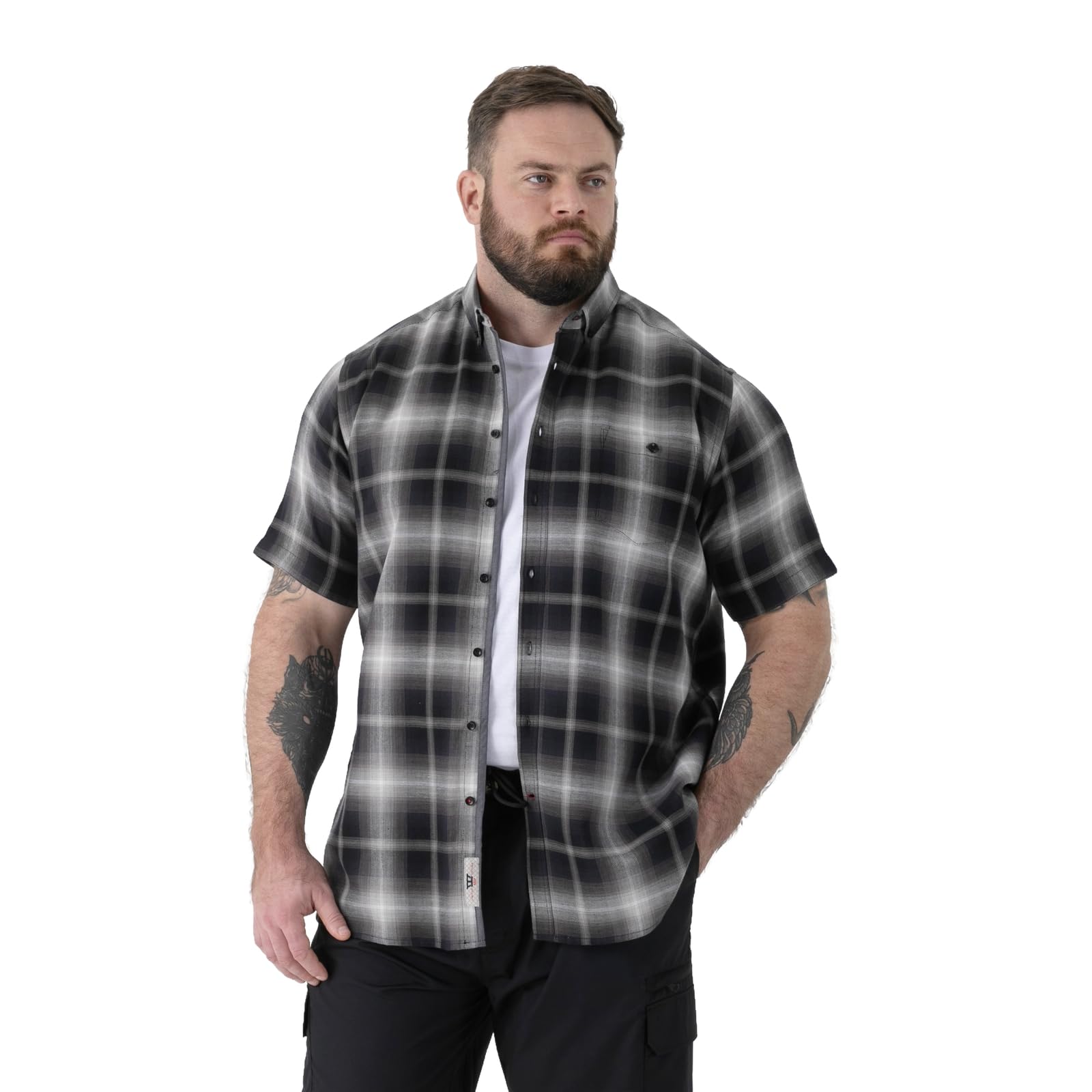 D555 Shadow Check Button Down Collar Shirt With Pocket - Black