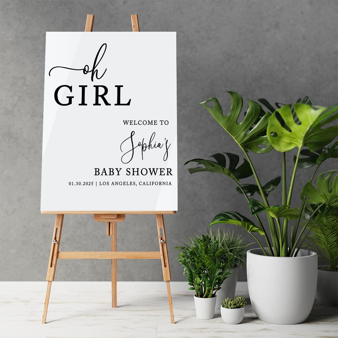 Andaz Press 16"x20" White Acrylic Personalized Baby Shower Welcome Sign, Gender Neutral Large Custom Sign for Easel Stand, Oh Girl Baby Shower Decorations